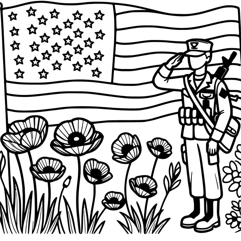 create a coloring page that celebrates veterans day and includes a soldier, poppies, an american flag, and stars.