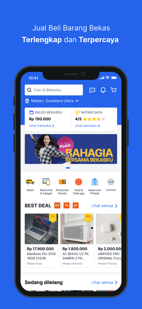 bekasku - Schermata principale dell'app mobile bekasku che mostra varie categorie e offerte di prodotti di seconda mano