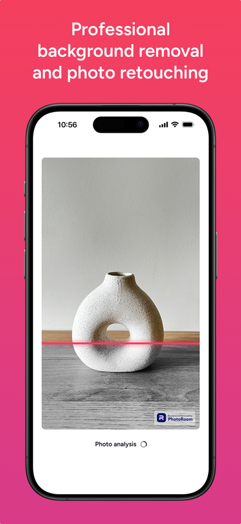 Pizi - Smartphone screen showing the Pizi app performing background removal and photo retouching on a product image