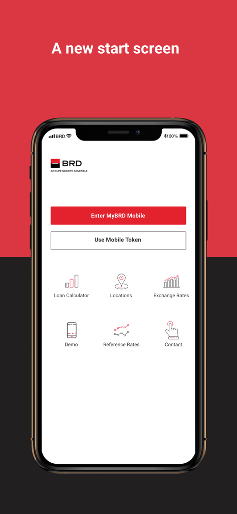 Pantalla de inicio de la aplicación de banca MyBRD Mobile con opciones de inicio de sesión y herramientas financieras