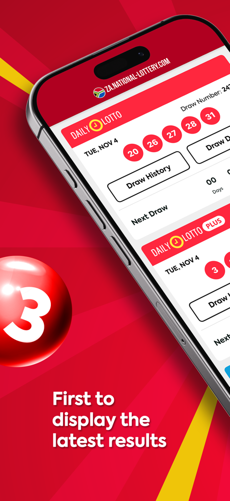 SA Lottery Results - Smartphone screen showing the latest Daily Lotto draw results in the SA Lottery Results app.