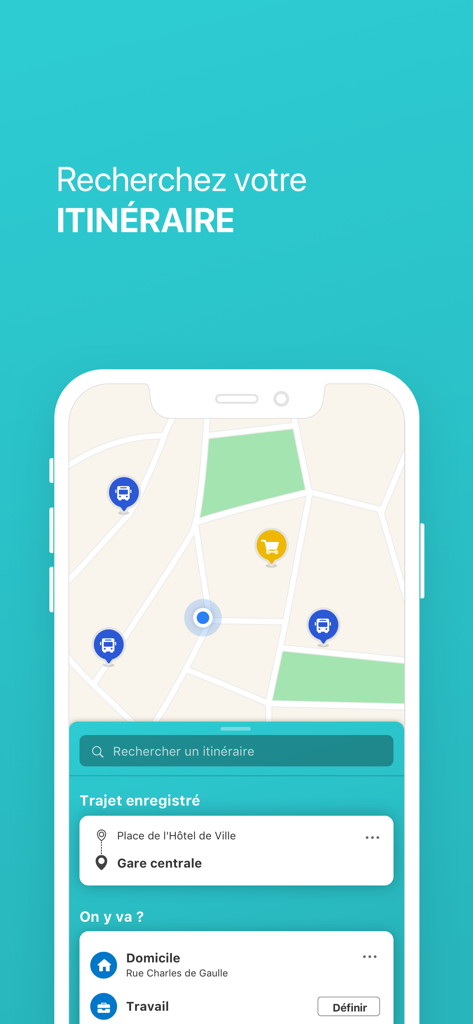 TAC Mobilités - TAC Mobilités mobile app interface showing a map with transit icons and an itinerary search tool.
