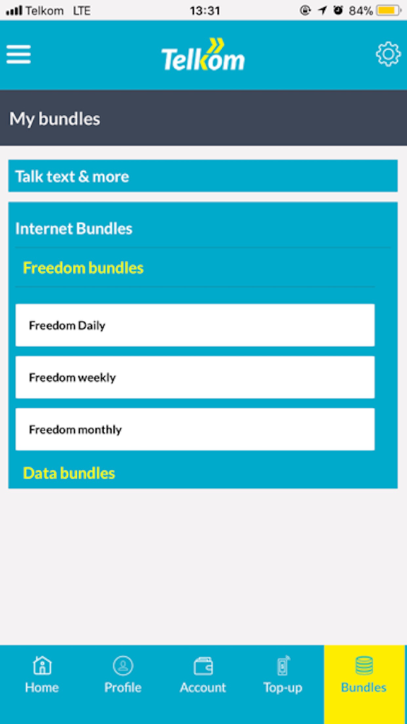 My Telkom - My Telkom mobile app screen showing internet and freedom bundle options