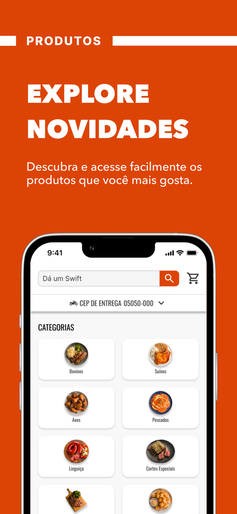 Loja Swift - Interface de l'application mobile Loja Swift montrant diverses catégories de produits carnés pour les achats en ligne