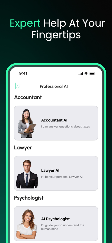 Sheets AI - Formula generator - Eine mobile App-Oberfläche mit dem Titel 'Professional AI', die professionelle digitale Assistenten für Buchhaltung, Recht und Psychologie zeigt.