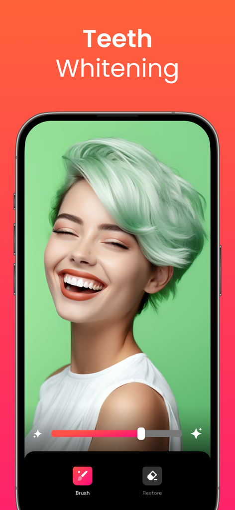 Retouch AI - Remove Objects - Retouch AI 사진 편집기 앱의 치아 미백 기능 인터페이스