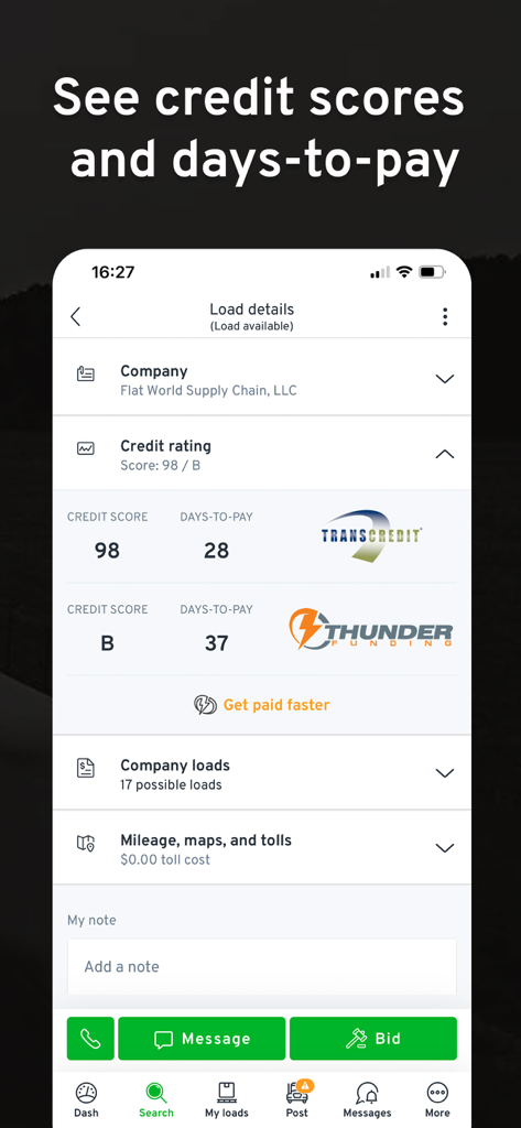 Find Truck Loads - Load Board - App interface displaying credit ratings and days-to-pay for trucking companies