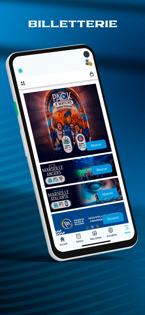 La section billetterie de l'application mobile officielle de l'Olympique de Marseille propose des packs de matchs et des options de réservation.