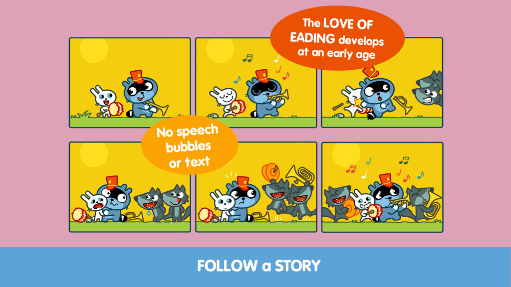 Pango와 친구들이 악기를 연주하는 모습을 보여주는 6칸의 글자 없는 만화.