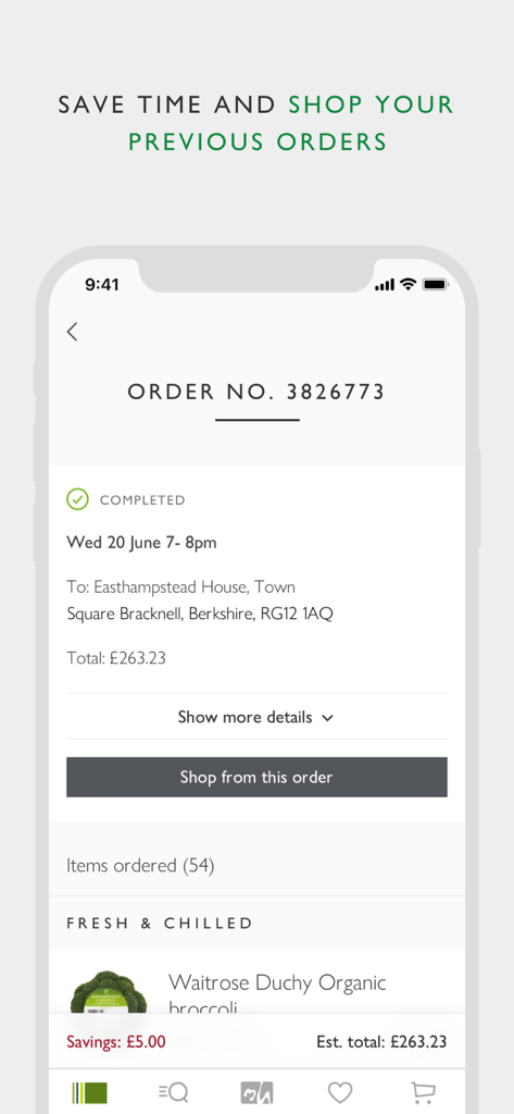 Waitrose app screen displaying a completed grocery order with an option to shop from previous orders