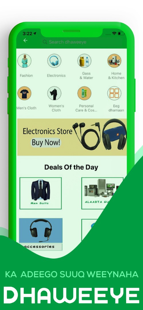 Dhaweeye - Screenshot of the Dhaweeye app marketplace showing categories for electronics fashion and home goods in Somali language.