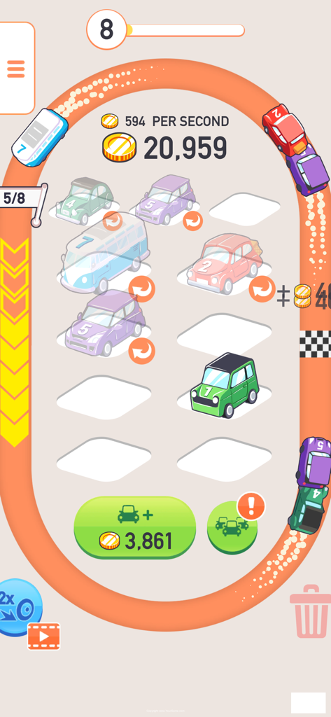 Gameplay of Car Merger showing numbered cars on a circular racing track and a central grid for merging vehicles to earn coins