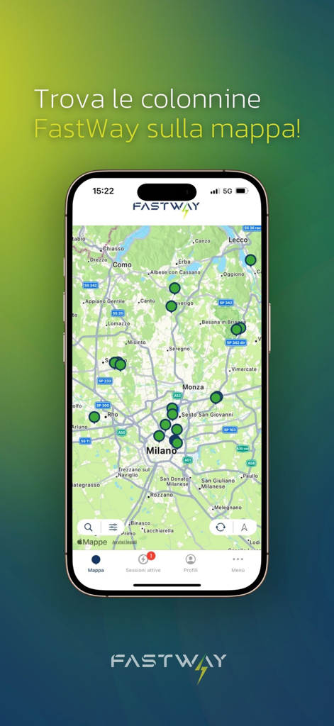 Schermata dell'app mobile FastWay che mostra una mappa con diverse posizioni di stazioni di ricarica per veicoli elettrici