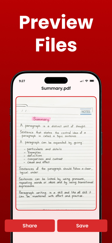 공유 및 저장 옵션이 있는 PDF 문서 미리보기를 보여주는 모바일 앱 화면