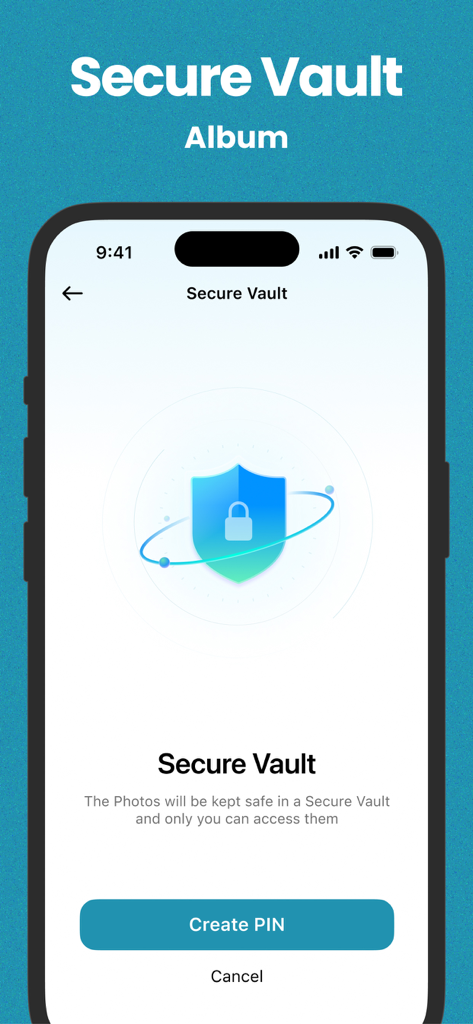 AI Cleaner - Free up Storage - Secure Vault feature in AI Cleaner app showing a shield icon and a button to create a PIN for private photos
