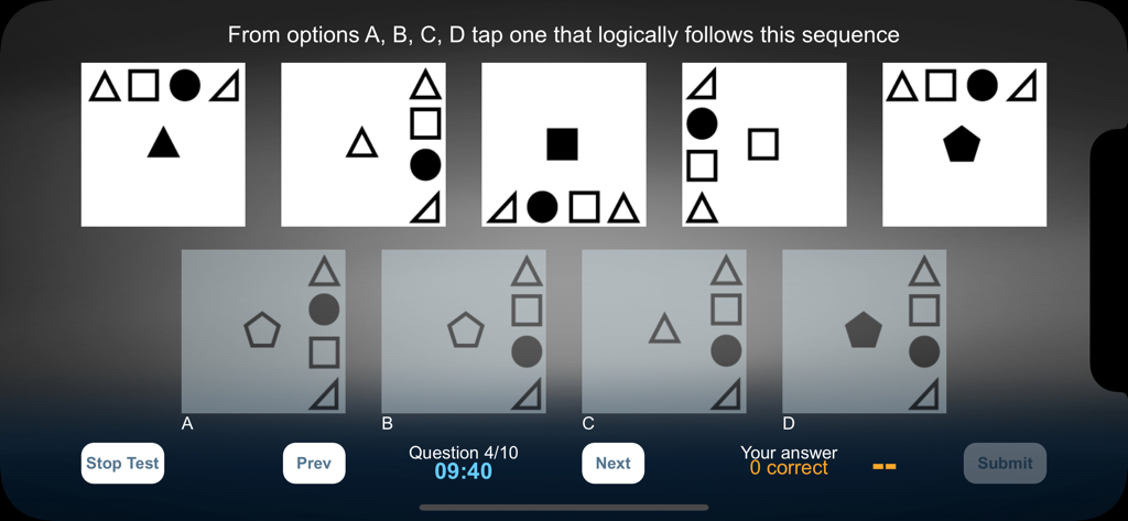 Interface of an abstract reasoning test app showing a logic sequence question with geometric shapes and a timer