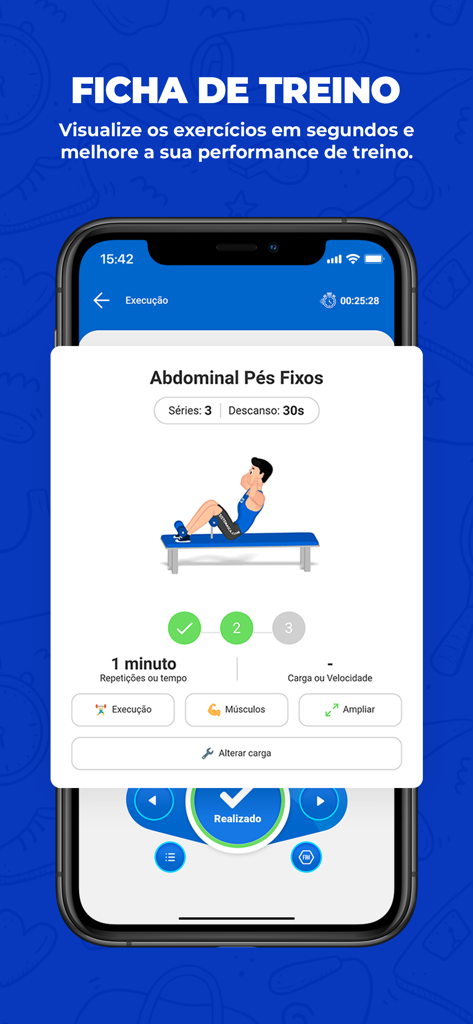 SCA Aluno - Pantalla de la app SCA Aluno que muestra una hoja de entrenamiento con un ejercicio de gimnasio animado