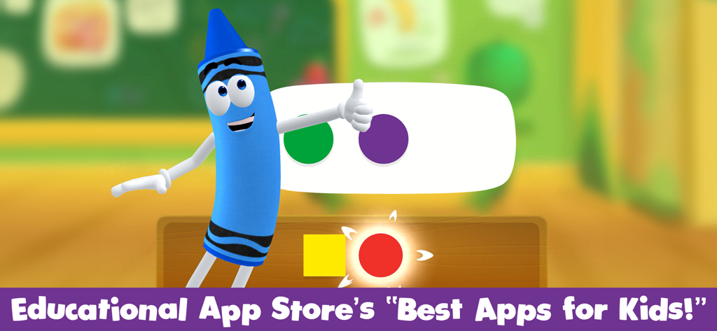 A blue Crayola character giving a thumbs up with a banner stating Educational App Store Best Apps for Kids