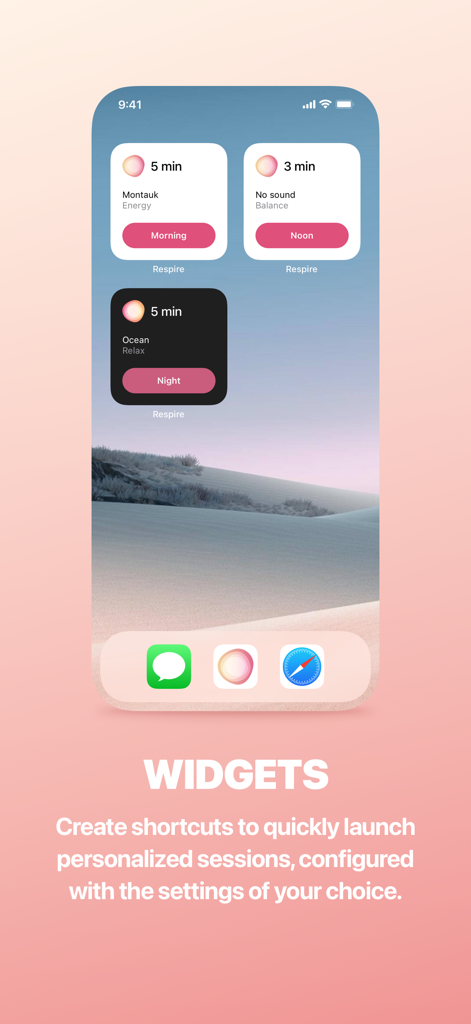 iPhone home screen displaying Respire app widgets for personalized morning, noon, and night breathing sessions