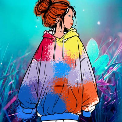 realistic girl with a oversized sweatshirt on and a bun
