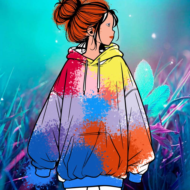 realistic girl with a oversized sweatshirt on and a bun
