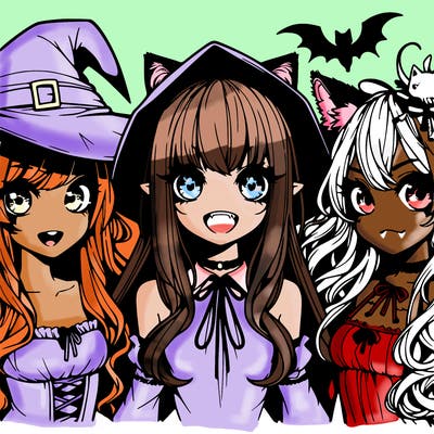 scary  anime girls one with witch hat and straight hair one with cat ears and curly hair one with bird wings and flowy hair