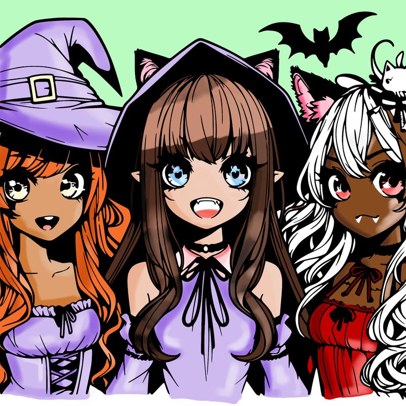 scary  anime girls one with witch hat and straight hair one with cat ears and curly hair one with bird wings and flowy hair