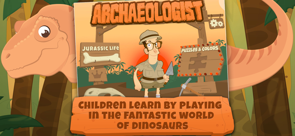 Dinosaur Games for Kids - Dig! - Écran d'introduction de Jeux de Dinosaures pour Enfants montrant un personnage d'archéologue et un dinosaure