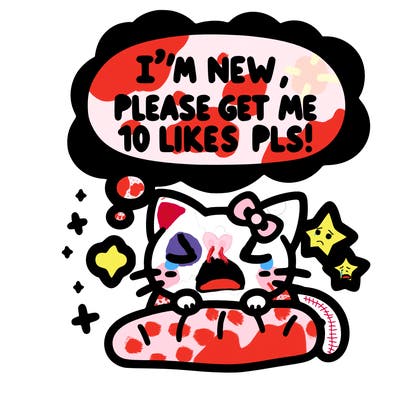 kitty taking a nap dream talking and saying "i'm new, please get me at least 10 likes pls!!"