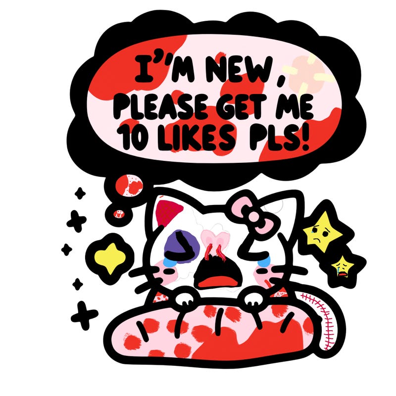 kitty taking a nap dream talking and saying "i'm new, please get me at least 10 likes pls!!"