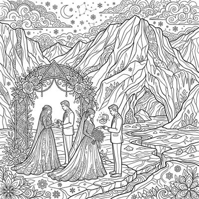Embark on a unique coloring journey with this majestic glacier wedding scene, designed specifically for teens. This intricate artwork combines stunning icy landscapes with romantic matrimonial details, offering a captivating challenge for your artistic skills.