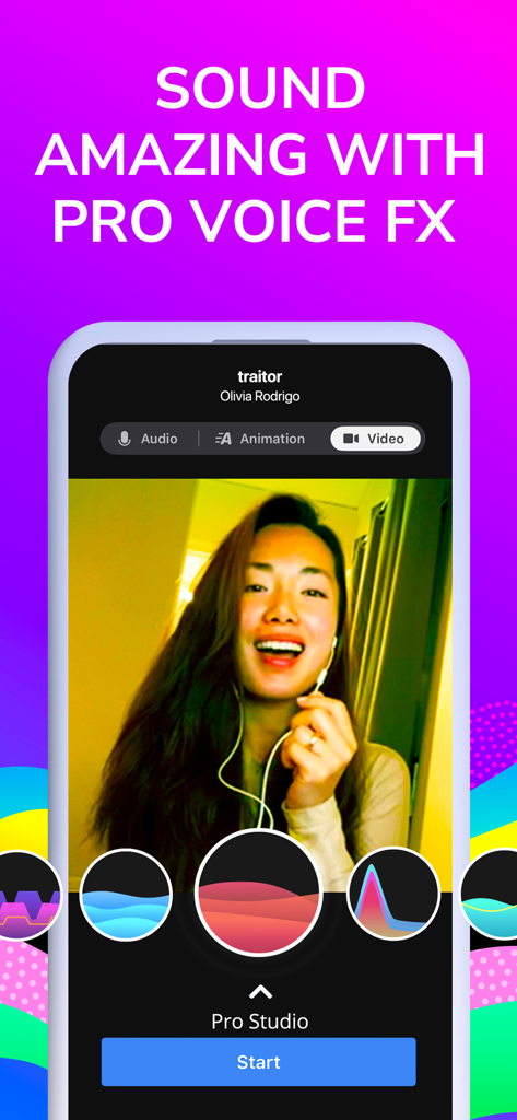 A woman singing into a microphone on the Smule app using Pro Studio voice effects for a karaoke video.