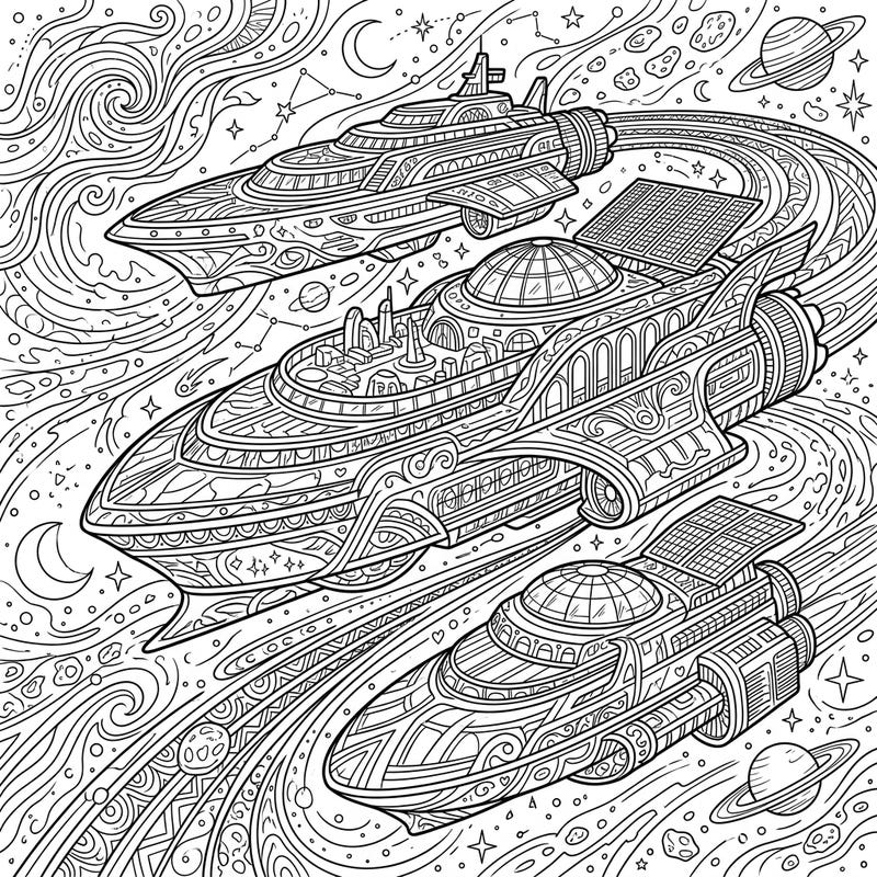 Discover a universe of relaxation with this stunning adult coloring page showcasing magnificent luxury space liners. Dive into intricate patterns and celestial backgrounds for a truly mindful coloring experience.