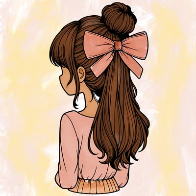realistic girl  with hip length hair a bun and a big bow on the back of head