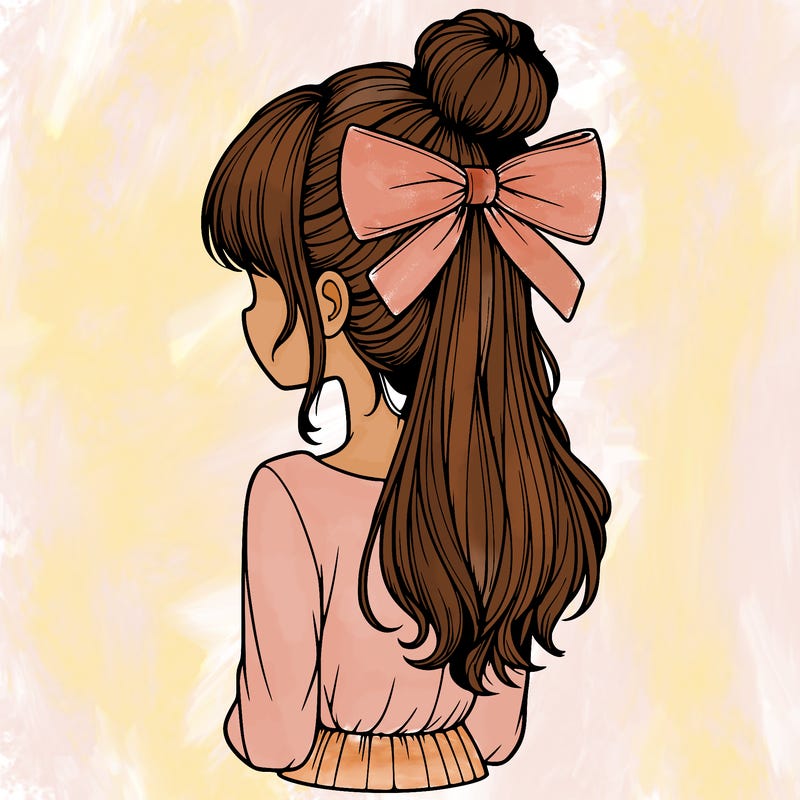realistic girl  with hip length hair a bun and a big bow on the back of head