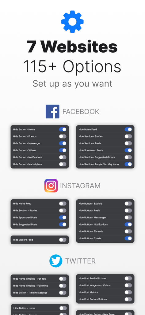 SocialFocus: Hide Distractions - SocialFocus Safari extension interface showing toggle switches to hide feeds, stories, and reels on Facebook, Instagram, and Twitter