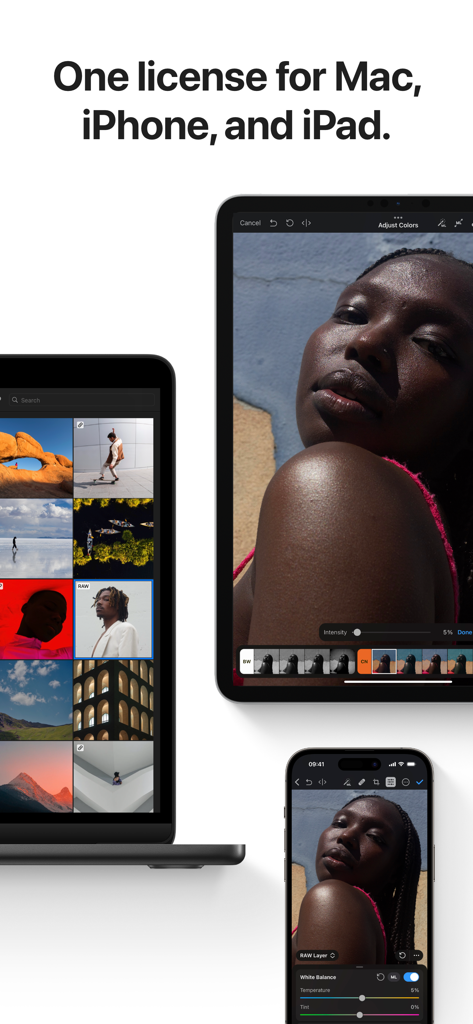 Photomator app interface shown on MacBook iPad and iPhone
