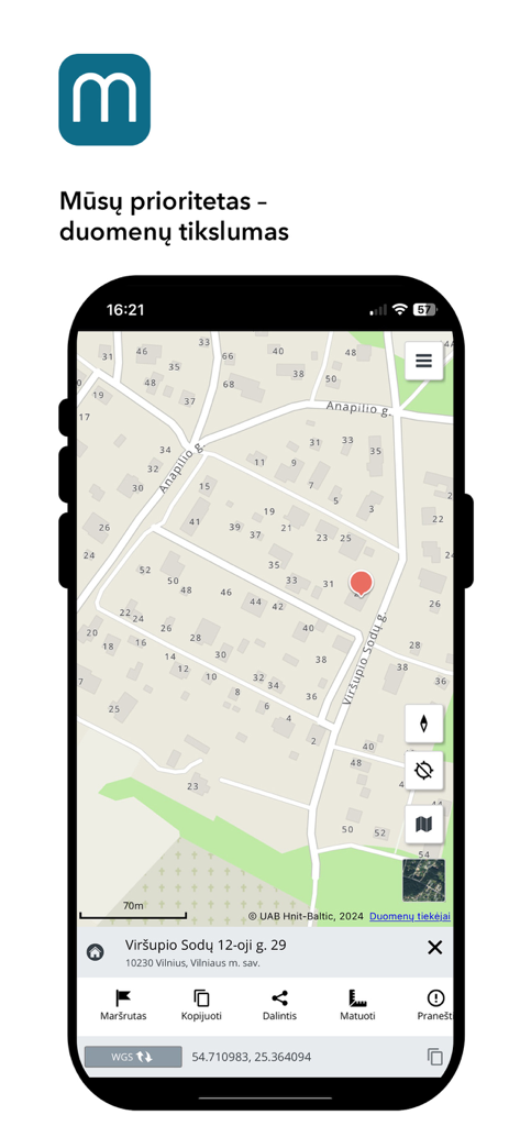 Maps.lt - Smartphone displaying a high-precision map of a residential area in Lithuania using the Maps.lt app.