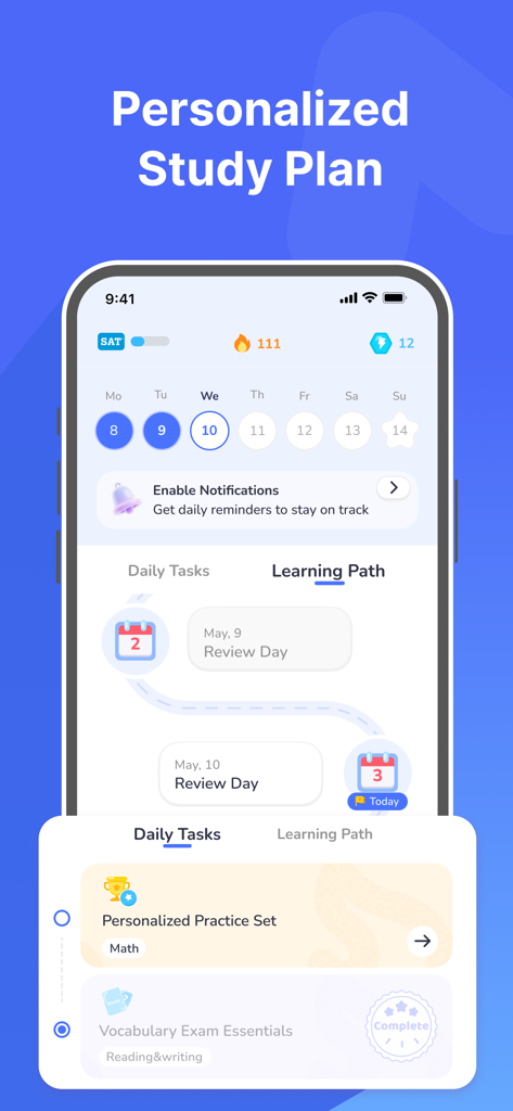 Interface of the SAT Prep 2026 AlphaTest app showing a personalized study plan and daily tasks