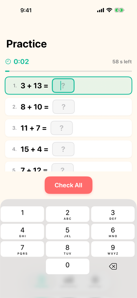 Count with Kids - Interfaz de la aplicación Count with Kids que muestra problemas de suma y un teclado numérico para la práctica de matemáticas de los niños.