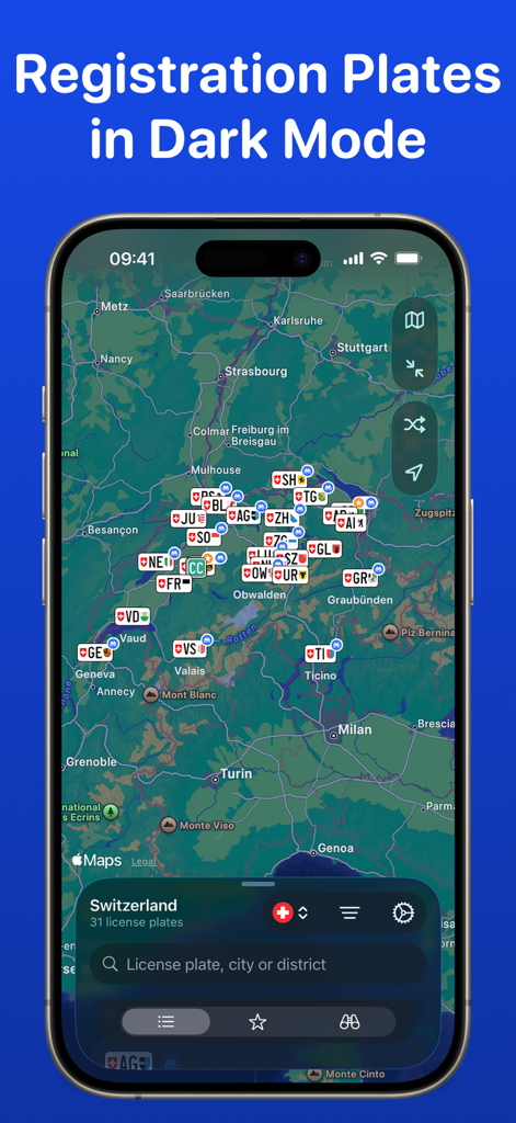 License Plate Wiki & Collect - Interface de l'application Wiki de Plaques d'Immatriculation présentant une carte en mode sombre avec des marqueurs de plaques d'immatriculation régionales