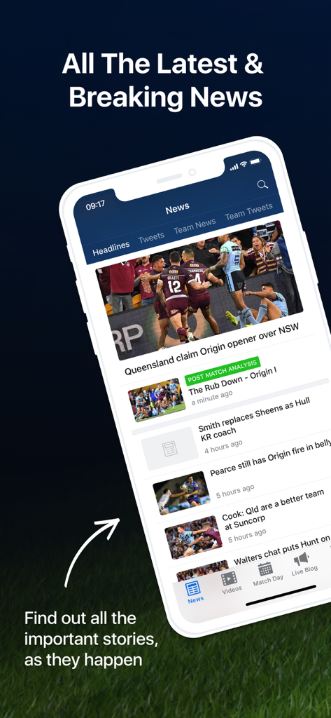 A mobile phone screen showing the latest breaking news and headlines in the Rugby League Live app.