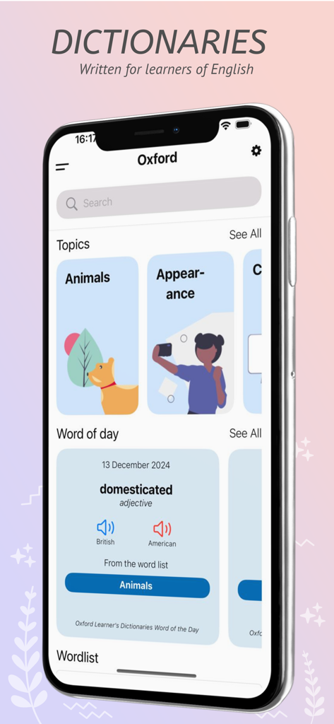 English Learners Dictionary - Oxford English Learners Dictionary app home screen featuring vocabulary topics and word of the day