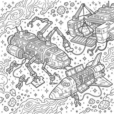 Embark on an epic cosmic journey with this intricate coloring page featuring futuristic Repair & Salvage Vessels. Bring these space heroes and their vital missions to life with your favorite colors and explore the wonders of deep-space operations.