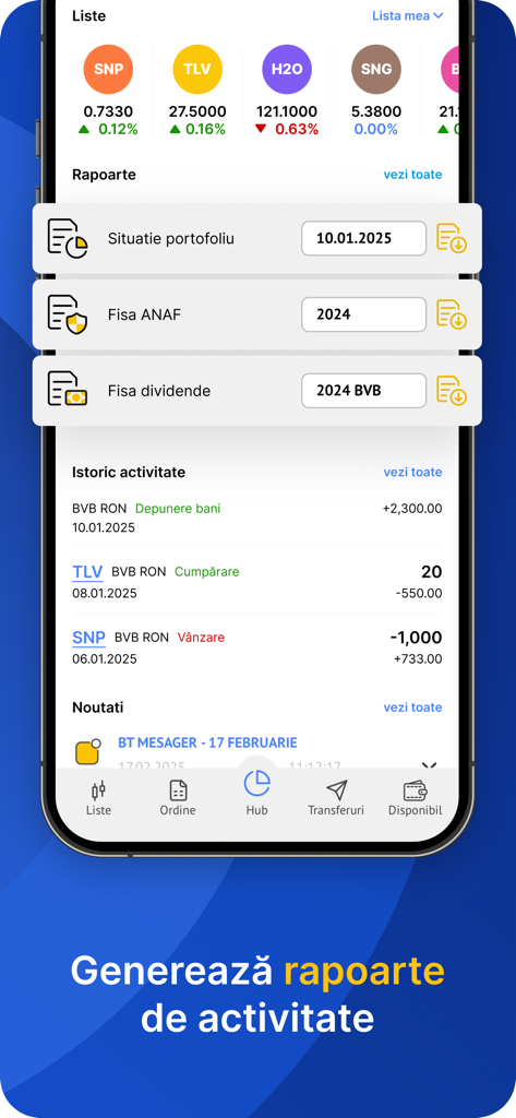 BT Trade - Mobile interface of the BT Trade app showing activity reports and investment history for portfolio management.