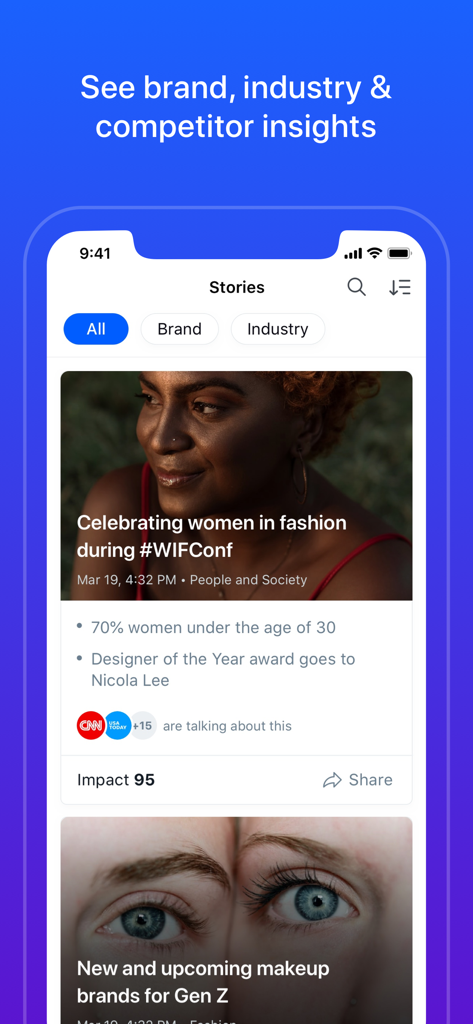 A screenshot of the Sprinklr app displaying real-time brand and industry insights for enterprise marketing professionals.