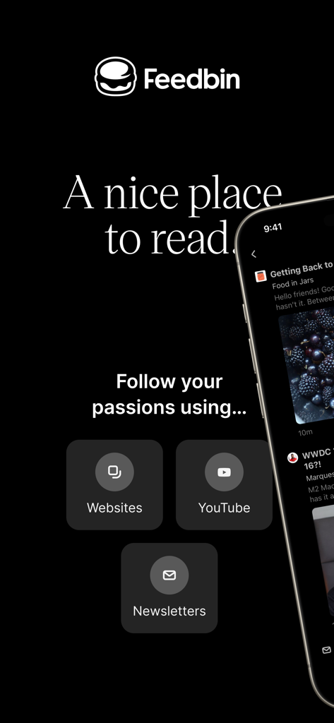 Feedbin app intro screen for tracking websites YouTube channels and newsletters
