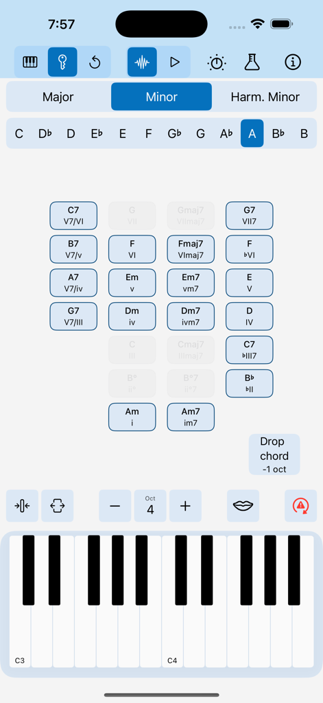 Chordi app interface showing the Key Mode feature with a grid of suggested chords in A Minor and a piano keyboard