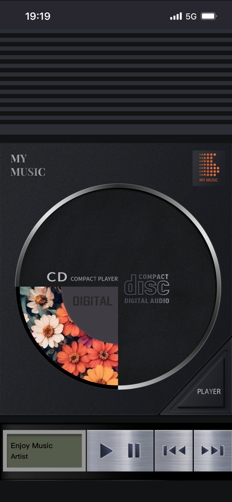 Muwi: Music Widget - Retro CD player themed music widget interface with a floral patterned disc and metal playback controls.