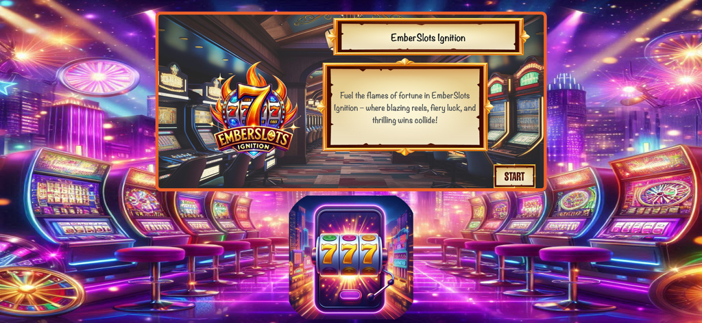 Ember Slots Ignition - Welcome screen of Ember Slots Ignition featuring a flaming logo and a vibrant casino background with slot machines
